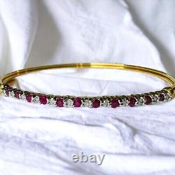 VINTAGE-10k Gold- Natural Ruby Bracelet- 7- 1 CTTW Ruby & Diamond Bangle-4.6g