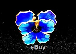 VNTG David Andersen Norway 925 Enamel Guilloche Blue Pansy Flower Ring FABULOUS
