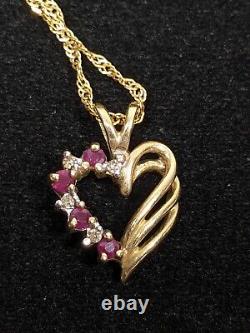 VTG 10k Gold Red Ruby Diamond Open Heart Pendant 14k Gold Chain Necklace 16