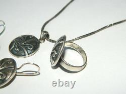 VTG Scandinavian Designer Sterling Silver Jewelry Set Pendant, Earrings & Ring