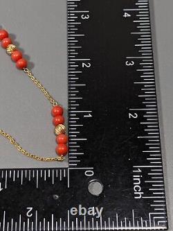 Vintage 14k Gold Red Orange Coral Bead Station Chain Necklace 15 in 3.61g