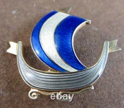 Vintage Aksel Holmsen Sterling Silver Guilloche Blue Enamel Viking Ship Pin #266