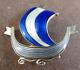 Vintage Aksel Holmsen Sterling Silver Guilloche Blue Enamel Viking Ship Pin #266