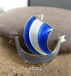 Vintage Aksel Holmsen Sterling Silver Guilloche Blue Enamel Viking Ship Pin #266