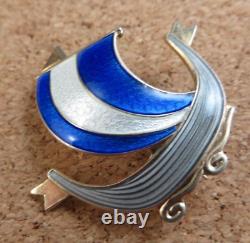 Vintage Aksel Holmsen Sterling Silver Guilloche Blue Enamel Viking Ship Pin #266