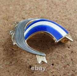 Vintage Aksel Holmsen Sterling Silver Guilloche Blue Enamel Viking Ship Pin #266