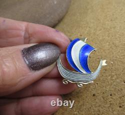 Vintage Aksel Holmsen Sterling Silver Guilloche Blue Enamel Viking Ship Pin #266