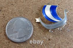 Vintage Aksel Holmsen Sterling Silver Guilloche Blue Enamel Viking Ship Pin #266