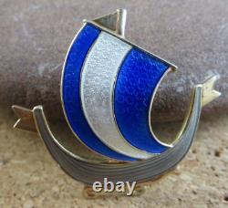 Vintage Aksel Holmsen Sterling Silver Guilloche Blue Enamel Viking Ship Pin #266