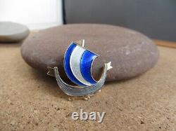 Vintage Aksel Holmsen Sterling Silver Guilloche Blue Enamel Viking Ship Pin #266