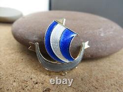 Vintage Aksel Holmsen Sterling Silver Guilloche Blue Enamel Viking Ship Pin #266