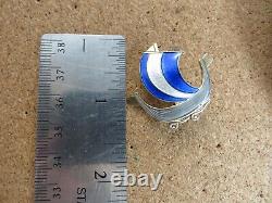 Vintage Aksel Holmsen Sterling Silver Guilloche Blue Enamel Viking Ship Pin #266