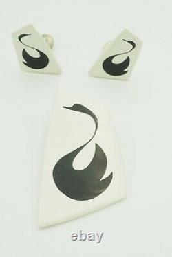 Vintage Black White acrylic swan birds brooch earrings Scandinavian Danish set