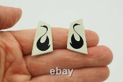 Vintage Black White acrylic swan birds brooch earrings Scandinavian Danish set