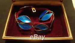 Vintage David Andersen Norway Sterling Blue Enamel Double Leaf Bracelet Signed