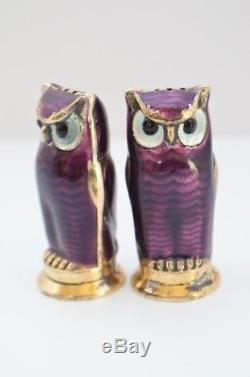 Vintage David Andersen Norway Sterling Silver Enamel Owl Salt Peper Shakers