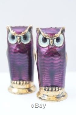 Vintage David Andersen Norway Sterling Silver Enamel Owl Salt Peper Shakers