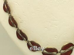 Vintage David Andersen Norway Sterling Silvernred Enamel Leaf 15.5 Necklace