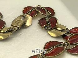 Vintage David Andersen Norway Sterling Silvernred Enamel Leaf 15.5 Necklace