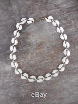 Vintage David Andersen Norway White Guilloche Enamel & Sterling Leaf Necklace