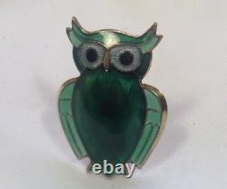 Vintage David Andersen Owl Brooch Norwegian Sterling Silver, Green Enamel