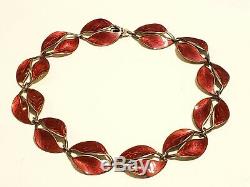 Vintage David Andersen Sterling Silver Rare Red Leaf Guilloche Enamel Necklace