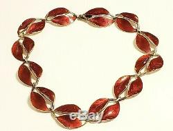 Vintage David Andersen Sterling Silver Rare Red Leaf Guilloche Enamel Necklace