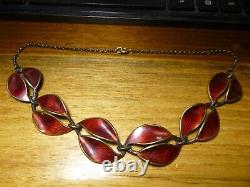 Vintage David Andersen Sterling Silver Red Enamel Double Leaf Necklace 15