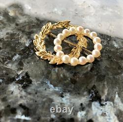 Vintage Designer FJG 14KT Yellow Gold & Pearl Wreath Brooch Pin, 6.7g, 1 3/8