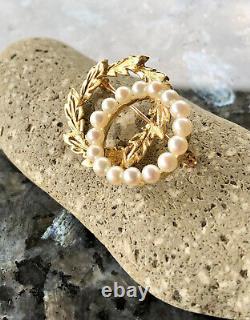 Vintage Designer FJG 14KT Yellow Gold & Pearl Wreath Brooch Pin, 6.7g, 1 3/8