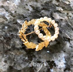 Vintage Designer FJG 14KT Yellow Gold & Pearl Wreath Brooch Pin, 6.7g, 1 3/8