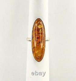 Vintage Genuine Large Natural Amber Cabochon 925 Sterling Silver Cocktail Ring