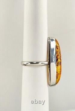 Vintage Genuine Large Natural Amber Cabochon 925 Sterling Silver Cocktail Ring