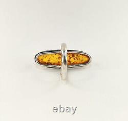 Vintage Genuine Large Natural Amber Cabochon 925 Sterling Silver Cocktail Ring