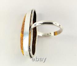 Vintage Genuine Large Natural Amber Cabochon 925 Sterling Silver Cocktail Ring