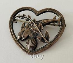 Vintage Georg Jensen Sterling Silver Double Dolphin Heart Brooch #312 Denmark