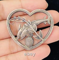 Vintage Georg Jensen Sterling Silver Double Dolphin Heart Brooch #312 Denmark