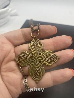 Vintage Kalevala Koru KK Finland Bronze Viking Cross Pendant Necklace