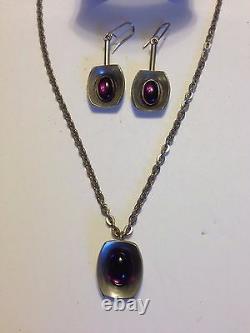 Vintage Modernist Denmark Jorgen Jensen Bracelet Necklace Earrings Pewter Purple