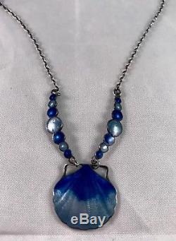 Vintage Norway Sterling Cobalt Blue Guilloche Necklace Shell and Bubbles Mermaid