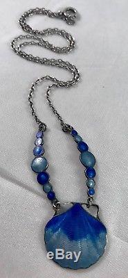 Vintage Norway Sterling Cobalt Blue Guilloche Necklace Shell and Bubbles Mermaid