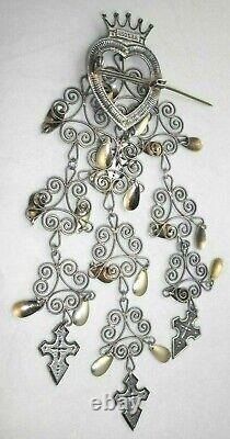 Vintage Norwegian 830s Silver Solje Brooch 5.5 Crown, Heart, Cross Norway