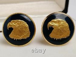 Vintage Sample Waterbury Co Cuff Links Golden Eagle Blue Enamel USA Mens Jewelry