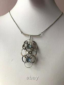 Vintage Scandinavian MID Century Blue Spinel Sterling Silver Necklace Pendant