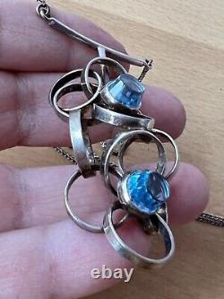 Vintage Scandinavian MID Century Blue Spinel Sterling Silver Necklace Pendant