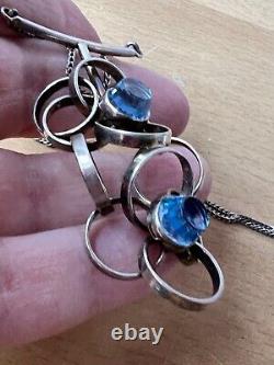 Vintage Scandinavian MID Century Blue Spinel Sterling Silver Necklace Pendant