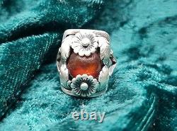 Vintage Scandinavian N. E. FROM 1950 Sterling Silver Ring with amber