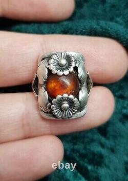 Vintage Scandinavian N. E. FROM 1950 Sterling Silver Ring with amber