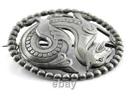 Vintage Scandinavian Signed BH 830 Silver Dragon Serpent Round Brooch