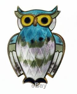 Vintage Signed David Anderson Norway Sterling Silver Guilloche Enamel Owl Brooch